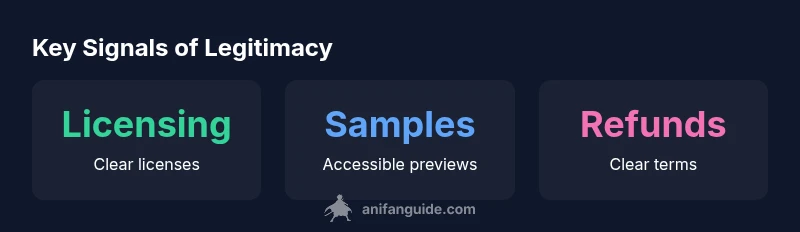 Credibility signals infographic showing licensing, samples, and refunds
